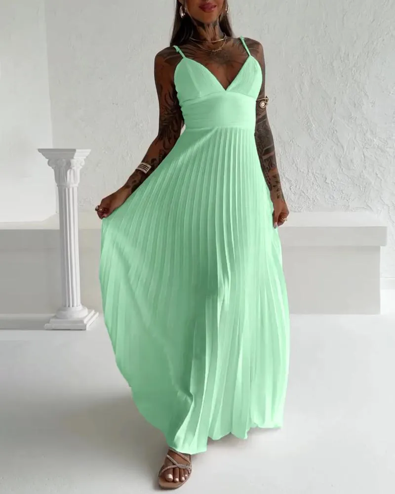 Bandeau Sleeveless Pleated Dress Elegant Flowy A Line Maxi Dress