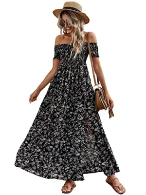 Black Flower Women's Boho Floral Print Off Shoulder Split Long A Line Dress - Floerns
