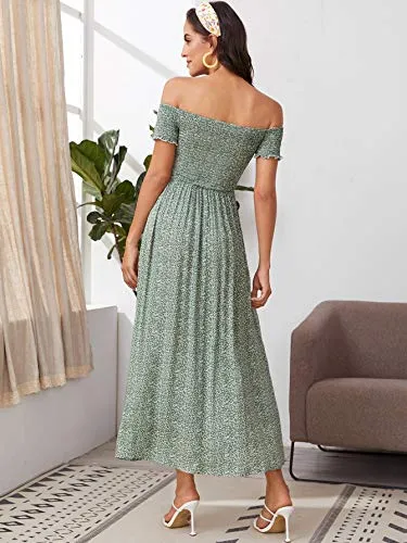 Blue And White Women's Boho Floral Print Off Shoulder Split Long A Line Dress - Floerns