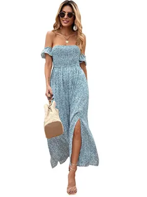 Blue And White Women's Boho Floral Print Off Shoulder Split Long A Line Dress - Floerns