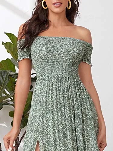 Blue And White Women's Boho Floral Print Off Shoulder Split Long A Line Dress - Floerns