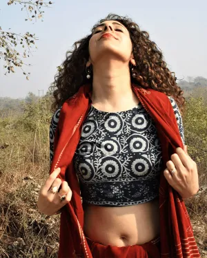Blue Block Printed Crop Top Cotton Blouse