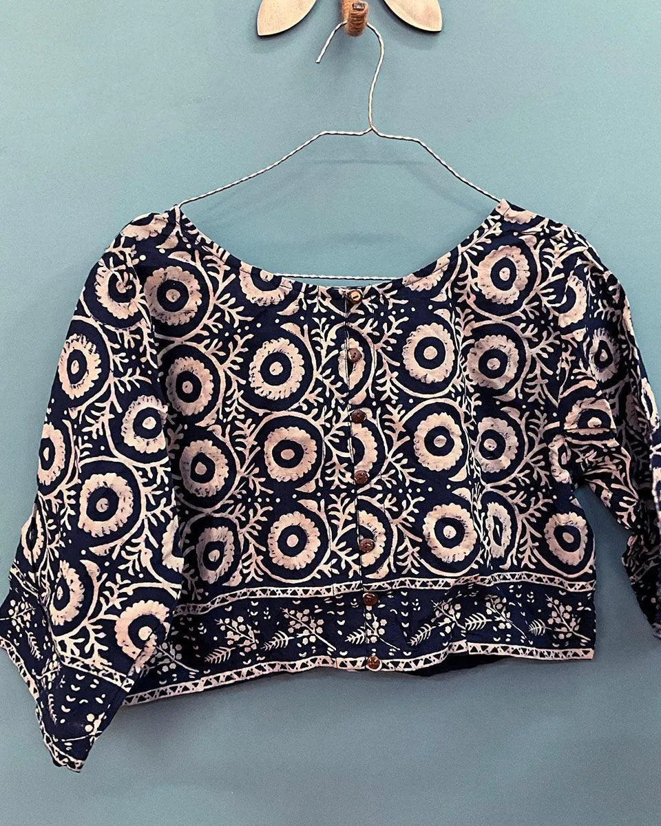 Blue Block Printed Crop Top Cotton Blouse