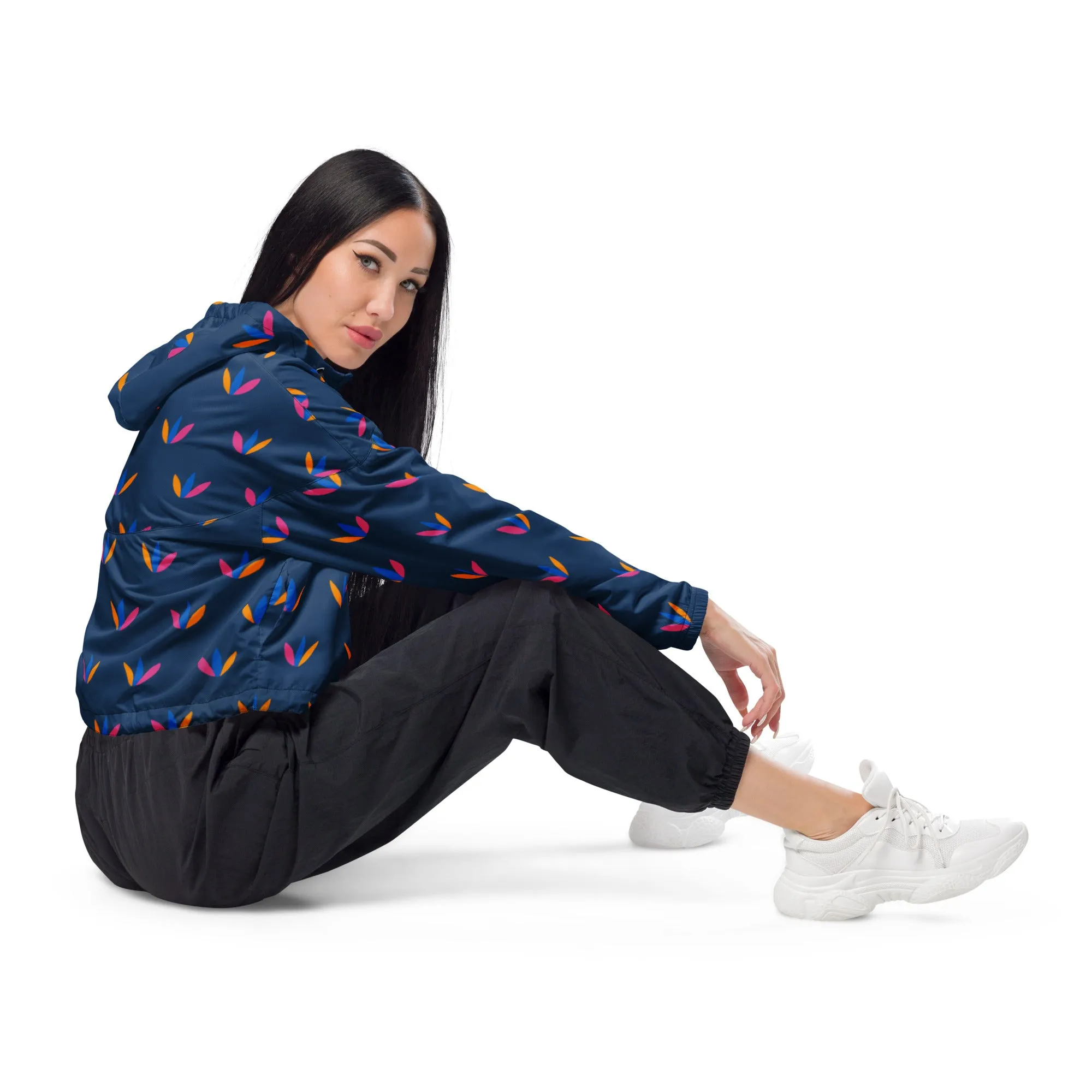 Blue Bud Folk Flower cropped Waterproof Jacket