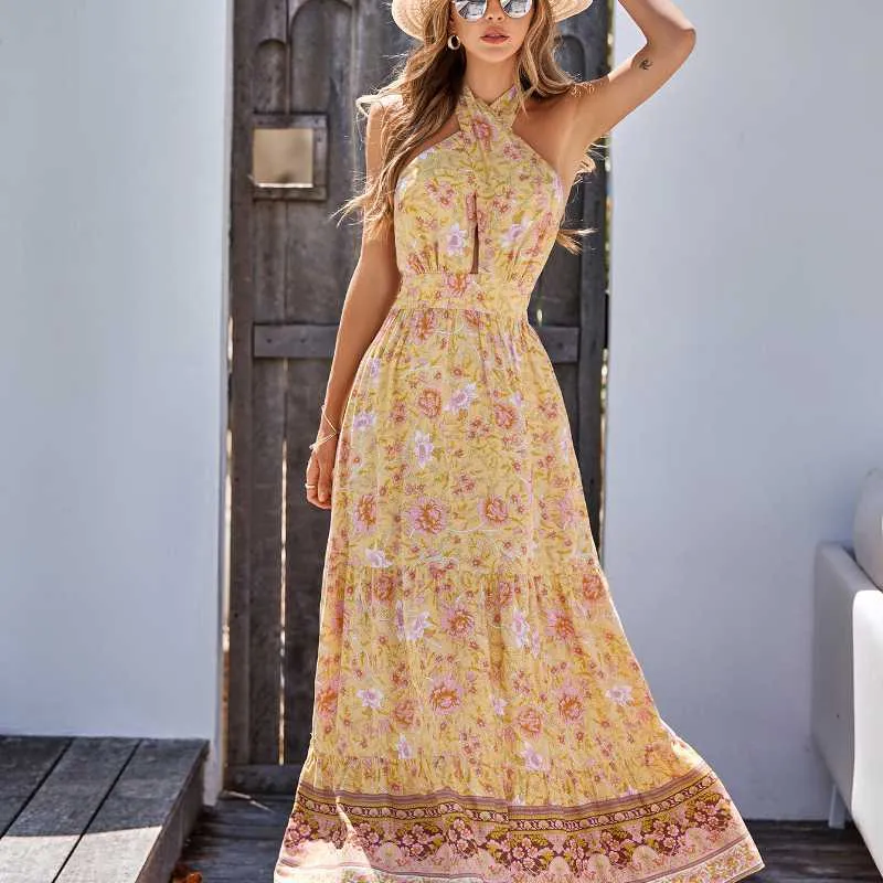 Bohemian Style Printed Casual Halterneck Dress