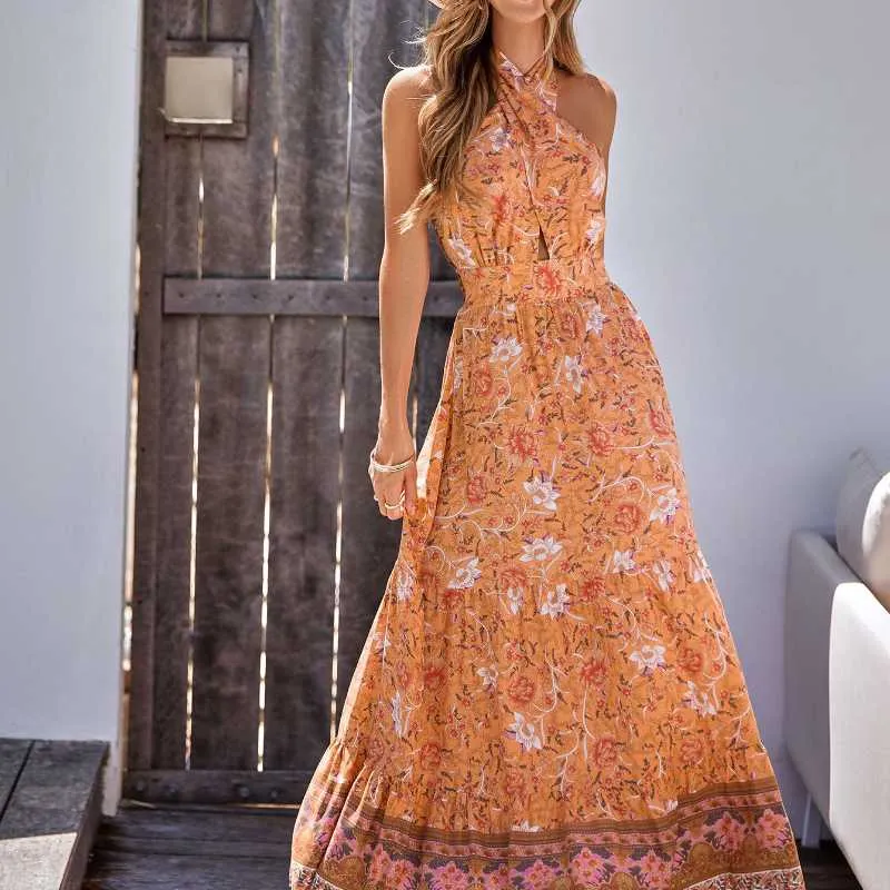 Bohemian Style Printed Casual Halterneck Dress