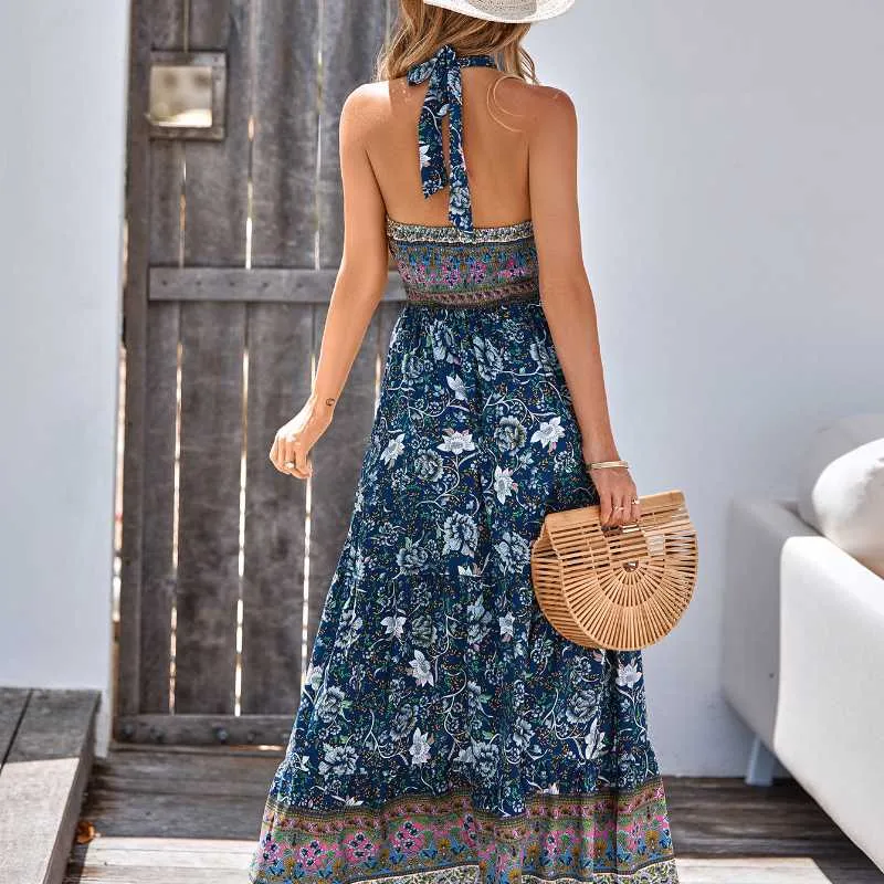 Bohemian Style Printed Casual Halterneck Dress