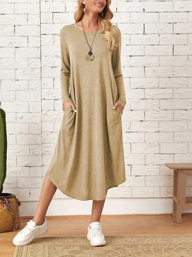 Casual Dress Shift Dress Black Dress Midi Dress Indigo Rouge Black Long Sleeve Pure Color Pocket Summer Spring Crew Neck Stylish Winter Dress Fall Dress Loose Fit  S M L XL 2XL 3XL for Women