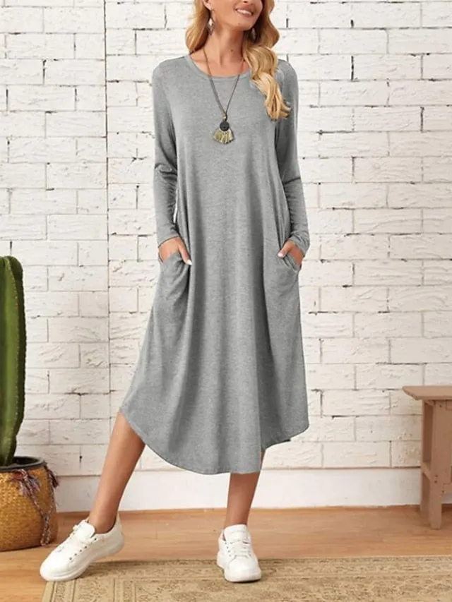 Casual Dress Shift Dress Black Dress Midi Dress Indigo Rouge Black Long Sleeve Pure Color Pocket Summer Spring Crew Neck Stylish Winter Dress Fall Dress Loose Fit  S M L XL 2XL 3XL for Women