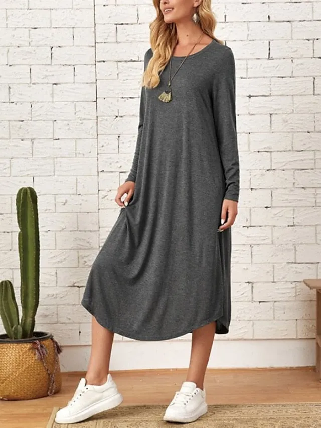 Casual Dress Shift Dress Black Dress Midi Dress Indigo Rouge Black Long Sleeve Pure Color Pocket Summer Spring Crew Neck Stylish Winter Dress Fall Dress Loose Fit  S M L XL 2XL 3XL for Women