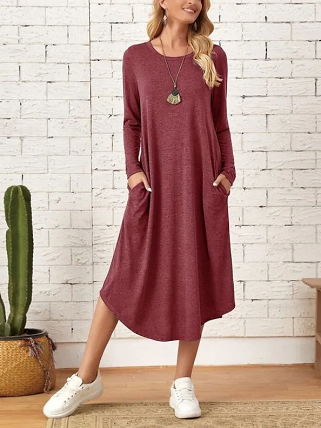 Casual Dress Shift Dress Black Dress Midi Dress Indigo Rouge Black Long Sleeve Pure Color Pocket Summer Spring Crew Neck Stylish Winter Dress Fall Dress Loose Fit  S M L XL 2XL 3XL for Women