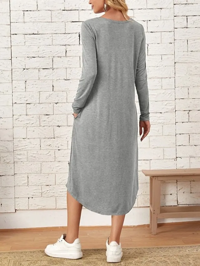 Casual Dress Shift Dress Black Dress Midi Dress Indigo Rouge Black Long Sleeve Pure Color Pocket Summer Spring Crew Neck Stylish Winter Dress Fall Dress Loose Fit  S M L XL 2XL 3XL for Women