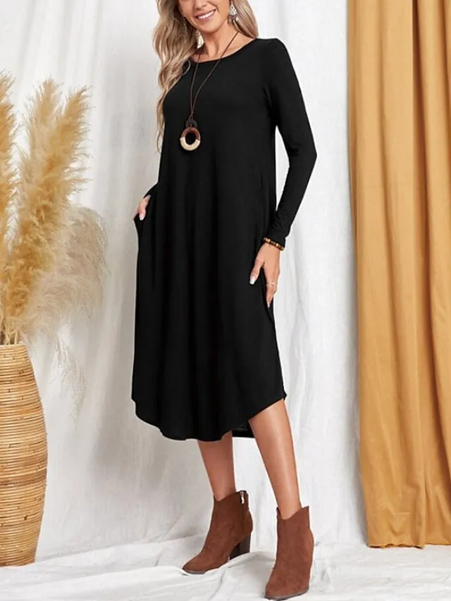 Casual Dress Shift Dress Black Dress Midi Dress Indigo Rouge Black Long Sleeve Pure Color Pocket Summer Spring Crew Neck Stylish Winter Dress Fall Dress Loose Fit  S M L XL 2XL 3XL for Women