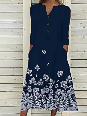 Casual Dress Shift Dress Midi Dress Royal Blue 3/4 Length Sleeve Floral Button Summer Spring V Neck Basic Vacation  S M L XL XXL 3XL for Women