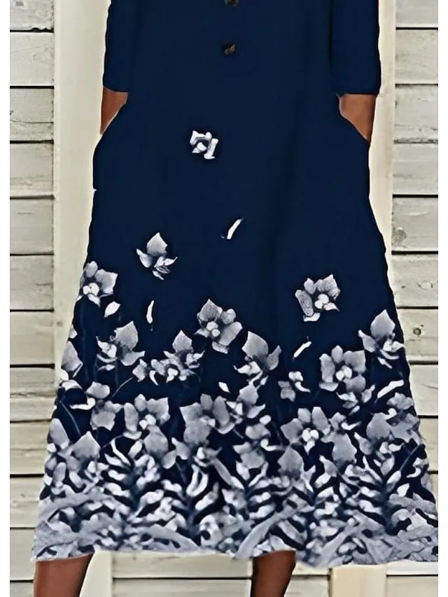 Casual Dress Shift Dress Midi Dress Royal Blue 3/4 Length Sleeve Floral Button Summer Spring V Neck Basic Vacation  S M L XL XXL 3XL for Women