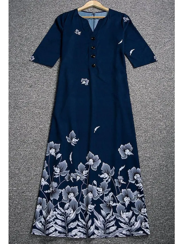 Casual Dress Shift Dress Midi Dress Royal Blue 3/4 Length Sleeve Floral Button Summer Spring V Neck Basic Vacation  S M L XL XXL 3XL for Women