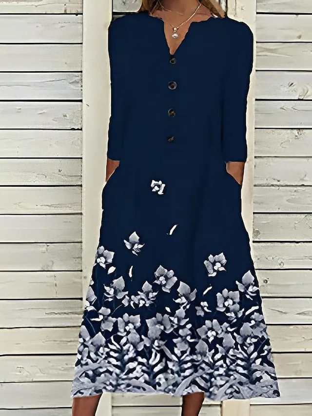 Casual Dress Shift Dress Midi Dress Royal Blue 3/4 Length Sleeve Floral Button Summer Spring V Neck Basic Vacation  S M L XL XXL 3XL for Women