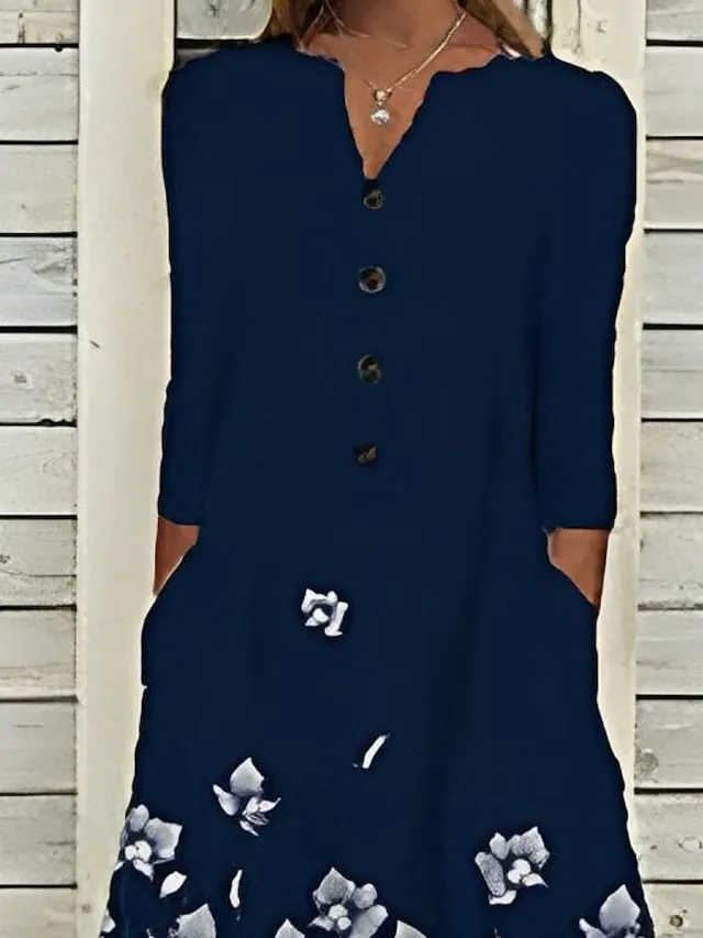 Casual Dress Shift Dress Midi Dress Royal Blue 3/4 Length Sleeve Floral Button Summer Spring V Neck Basic Vacation  S M L XL XXL 3XL for Women