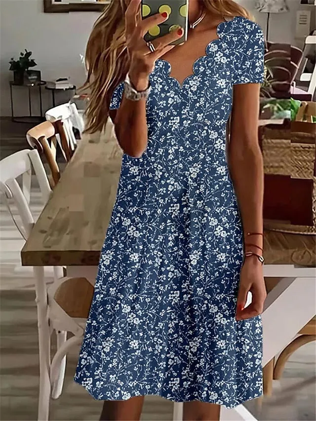 Casual Dress Shift Dress Midi Dress White Navy Blue Blue Short Sleeve Floral Print Spring Summer V Neck Vacation  S M L XL XXL 3XL for Women