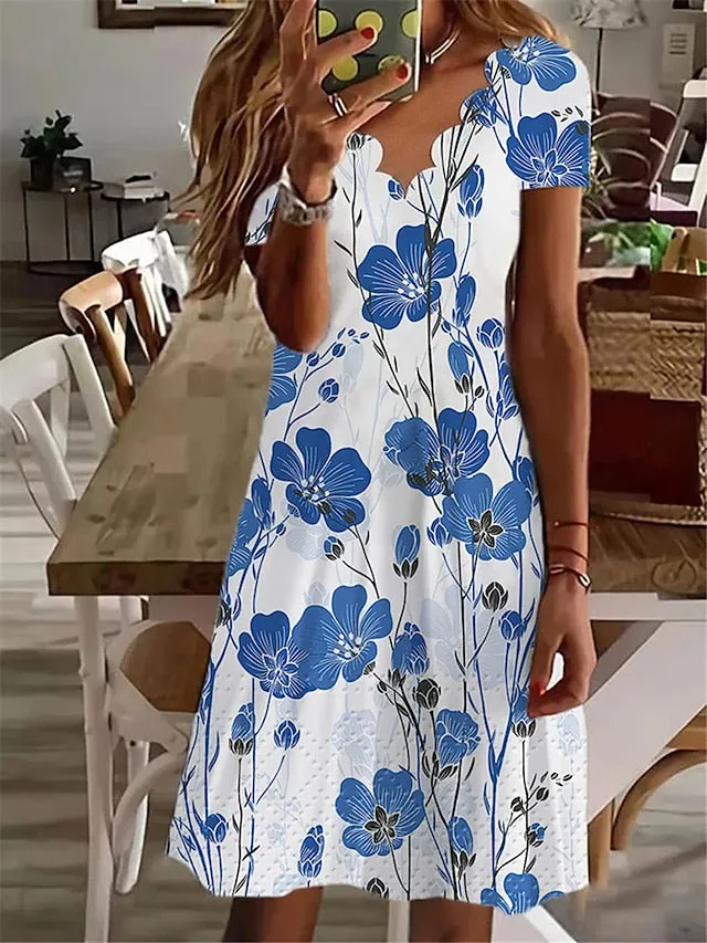 Casual Dress Shift Dress Midi Dress White Navy Blue Blue Short Sleeve Floral Print Spring Summer V Neck Vacation  S M L XL XXL 3XL for Women