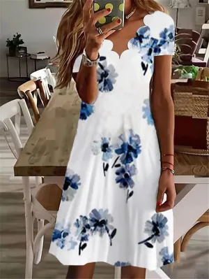 Casual Dress Shift Dress Midi Dress White Navy Blue Blue Short Sleeve Floral Print Spring Summer V Neck Vacation  S M L XL XXL 3XL for Women
