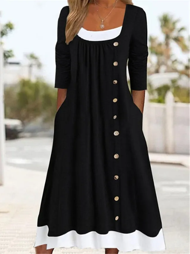 Casual Dress Shift Dress Plain Dress Plain Button Pocket Square Neck Midi Dress Basic Classic Outdoor Daily 3/4 Length Sleeve Loose Fit Black Khaki Gray Summer Spring S M L XL XXL for Women
