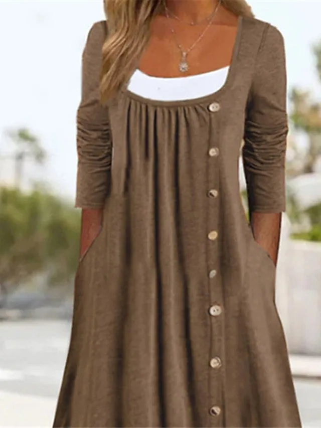 Casual Dress Shift Dress Plain Dress Plain Button Pocket Square Neck Midi Dress Basic Classic Outdoor Daily 3/4 Length Sleeve Loose Fit Black Khaki Gray Summer Spring S M L XL XXL for Women