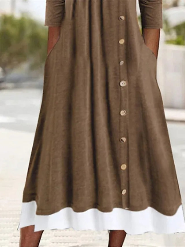 Casual Dress Shift Dress Plain Dress Plain Button Pocket Square Neck Midi Dress Basic Classic Outdoor Daily 3/4 Length Sleeve Loose Fit Black Khaki Gray Summer Spring S M L XL XXL for Women