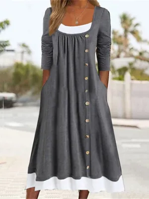 Casual Dress Shift Dress Plain Dress Plain Button Pocket Square Neck Midi Dress Basic Classic Outdoor Daily 3/4 Length Sleeve Loose Fit Black Khaki Gray Summer Spring S M L XL XXL for Women