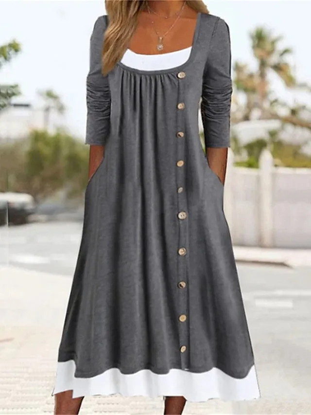 Casual Dress Shift Dress Plain Dress Plain Button Pocket Square Neck Midi Dress Basic Classic Outdoor Daily 3/4 Length Sleeve Loose Fit Black Khaki Gray Summer Spring S M L XL XXL for Women