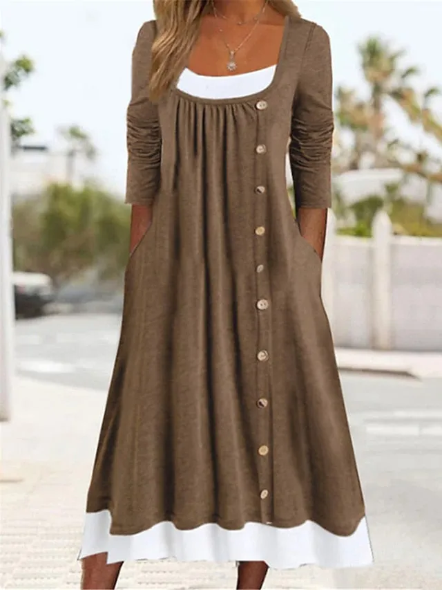 Casual Dress Shift Dress Plain Dress Plain Button Pocket Square Neck Midi Dress Basic Classic Outdoor Daily 3/4 Length Sleeve Loose Fit Black Khaki Gray Summer Spring S M L XL XXL for Women