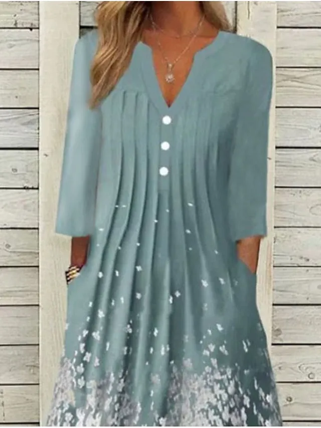 Casual Dress Shift Dress Print Dress Midi Dress Green 3/4 Length Sleeve Print Lace up Summer Spring V Neck Fashion Vacation  S M L XL XXL 3XL for Women