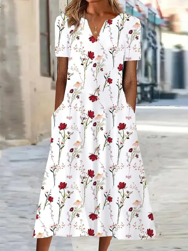 Casual Dress Shift Dress Summer Dress Floral Pocket Print V Neck Midi Dress Active Fashion Outdoor Date Short Sleeve Regular Fit White Blue Summer Spring S M L XL XXL for Women
