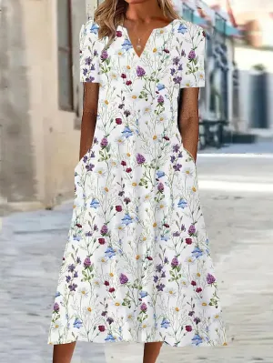 Casual Dress Shift Dress Summer Dress Floral Pocket Print V Neck Midi Dress Active Fashion Outdoor Date Short Sleeve Regular Fit White Blue Summer Spring S M L XL XXL for Women