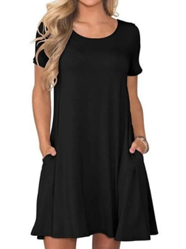 Casual Dress T Shirt Dress Tee Dress Midi Dress Black Navy Blue Royal Blue Short Sleeve Pure Color Pocket Spring Summer Crew Neck Casual Weekend  S M L XL XXL for Women