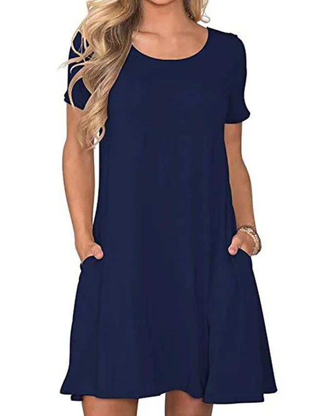Casual Dress T Shirt Dress Tee Dress Midi Dress Black Navy Blue Royal Blue Short Sleeve Pure Color Pocket Spring Summer Crew Neck Casual Weekend  S M L XL XXL for Women