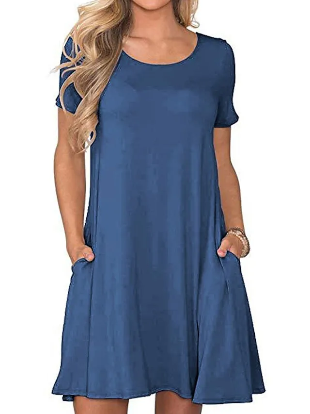 Casual Dress T Shirt Dress Tee Dress Midi Dress Black Navy Blue Royal Blue Short Sleeve Pure Color Pocket Spring Summer Crew Neck Casual Weekend  S M L XL XXL for Women