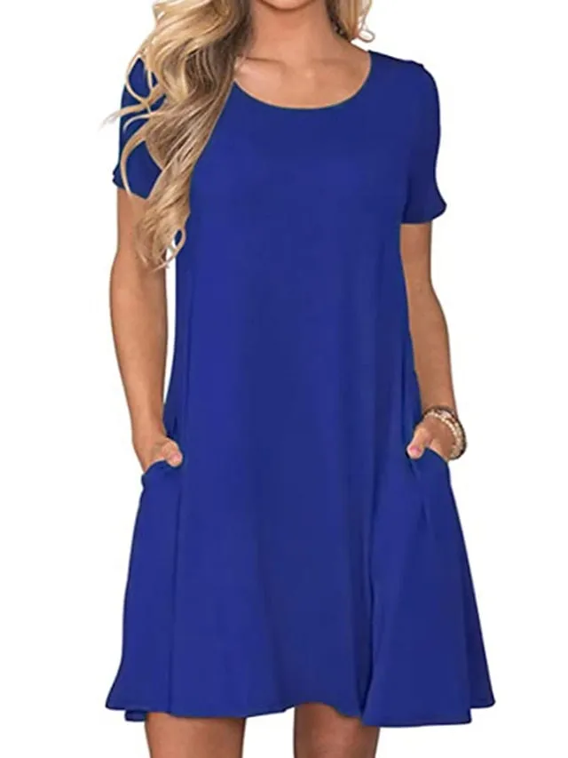 Casual Dress T Shirt Dress Tee Dress Midi Dress Black Navy Blue Royal Blue Short Sleeve Pure Color Pocket Spring Summer Crew Neck Casual Weekend  S M L XL XXL for Women