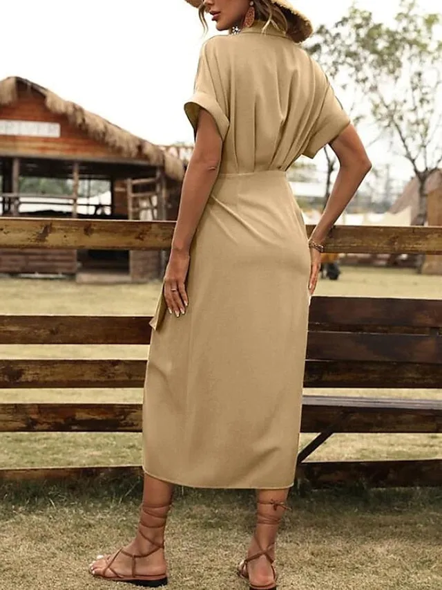 Casual Dress Wrap Dress A Line Dress Plain Lace up Ruched Shirt Collar Midi Dress Active Fashion Outdoor Daily Short Sleeve Regular Fit Black Red Blue Summer Spring S M L XL XXL for Women
