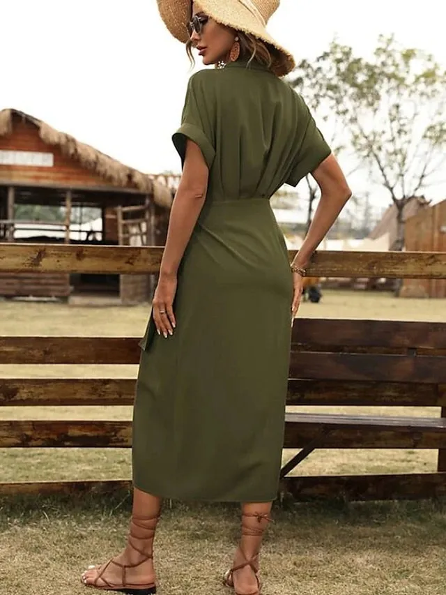 Casual Dress Wrap Dress A Line Dress Plain Lace up Ruched Shirt Collar Midi Dress Active Fashion Outdoor Daily Short Sleeve Regular Fit Black Red Blue Summer Spring S M L XL XXL for Women