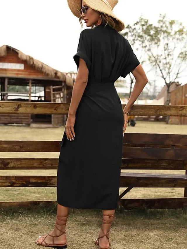 Casual Dress Wrap Dress A Line Dress Plain Lace up Ruched Shirt Collar Midi Dress Active Fashion Outdoor Daily Short Sleeve Regular Fit Black Red Blue Summer Spring S M L XL XXL for Women