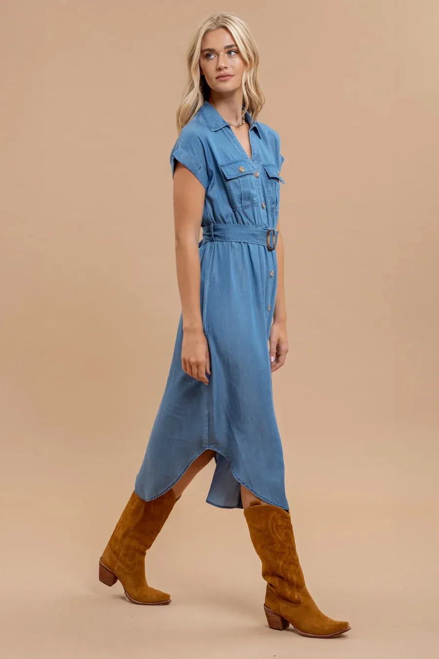 Chambray Collared Button Down Midi Dress