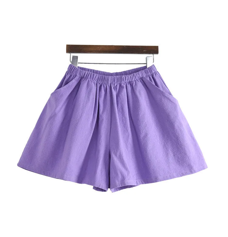Cotton Linen Elastic waist Women Shorts Skirts Solid White Blue Loose Casual Summer Shorts.