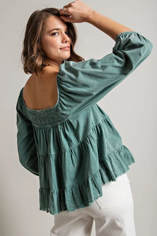 Easel Mineral Wash Tier Crop Top - Teal Blue