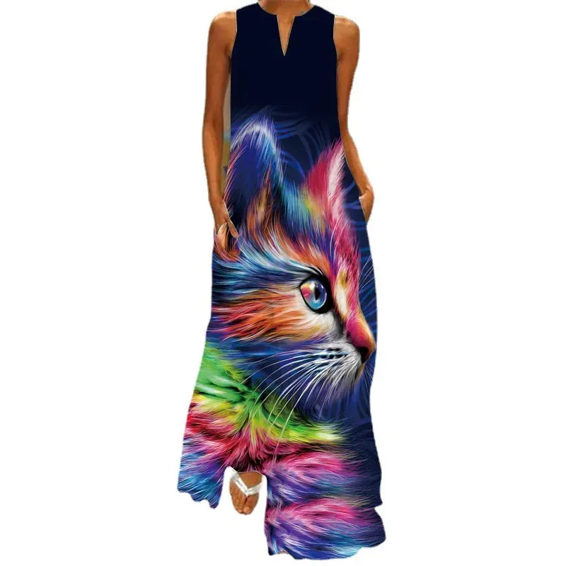 Elegant Women's Pocket Insert New Vintage Loose Fit Long Dress 2023 Women's V-neck Sexy Sleeveless Peacock Animal Print Vestidos
