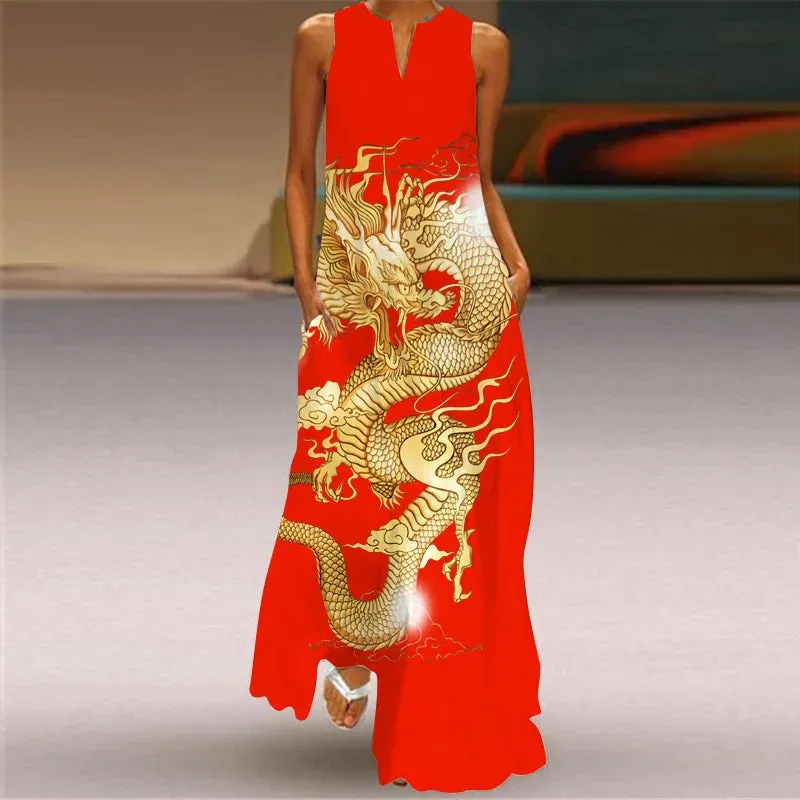 Elegant Women's Pocket Insert New Vintage Loose Fit Long Dress 2023 Women's V-neck Sexy Sleeveless Peacock Animal Print Vestidos