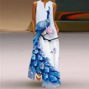 Elegant Women's Pocket Insert New Vintage Loose Fit Long Dress 2023 Women's V-neck Sexy Sleeveless Peacock Animal Print Vestidos