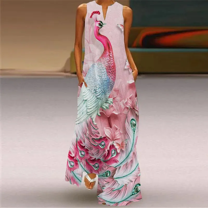Elegant Women's Pocket Insert New Vintage Loose Fit Long Dress 2023 Women's V-neck Sexy Sleeveless Peacock Animal Print Vestidos