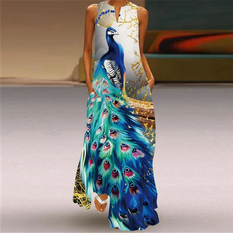 Elegant Women's Pocket Insert New Vintage Loose Fit Long Dress 2023 Women's V-neck Sexy Sleeveless Peacock Animal Print Vestidos