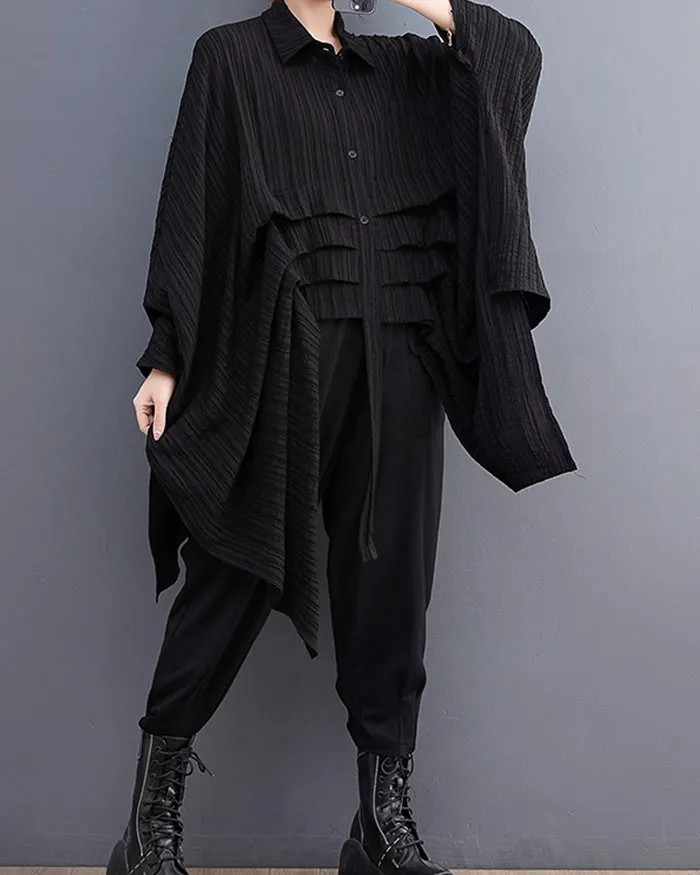 ellazhu Women's Long Batwing Sleeve Funky Inregular Hem High Low Button Down Shirt GZ127 Black